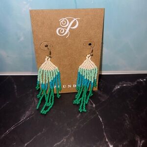 Plunder Beaded Fringe Earrings - Cream, Aqua, Teal, Green
